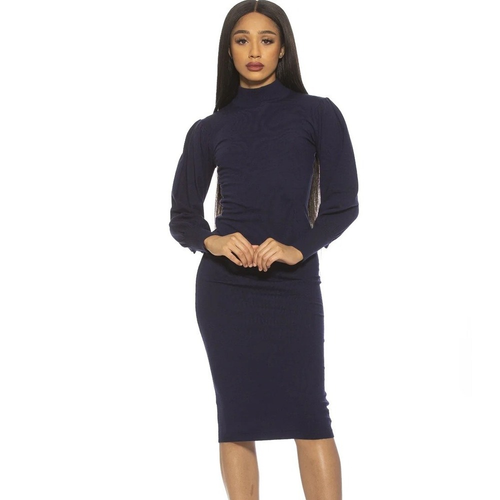 Alexia Admor Sweater Dress XS Navy Blue Mock Neck Puff Sleeve Midi NEW‎